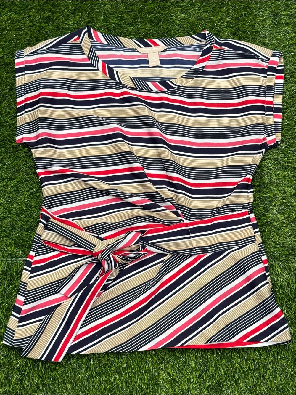 Banana Republic Women's XS Multicolor Striped V-Neck Tie Waist Cap Sleeve Top